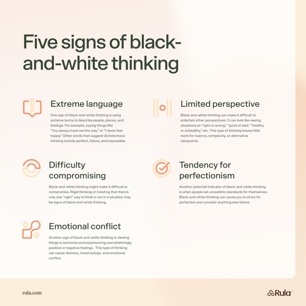 Graphic showing a list of five signs of black-and-white thinking, and how to recognize them.